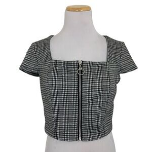 Wild Fable Plaid Zip Front Square Neck Crop Top Size Medium Black & White